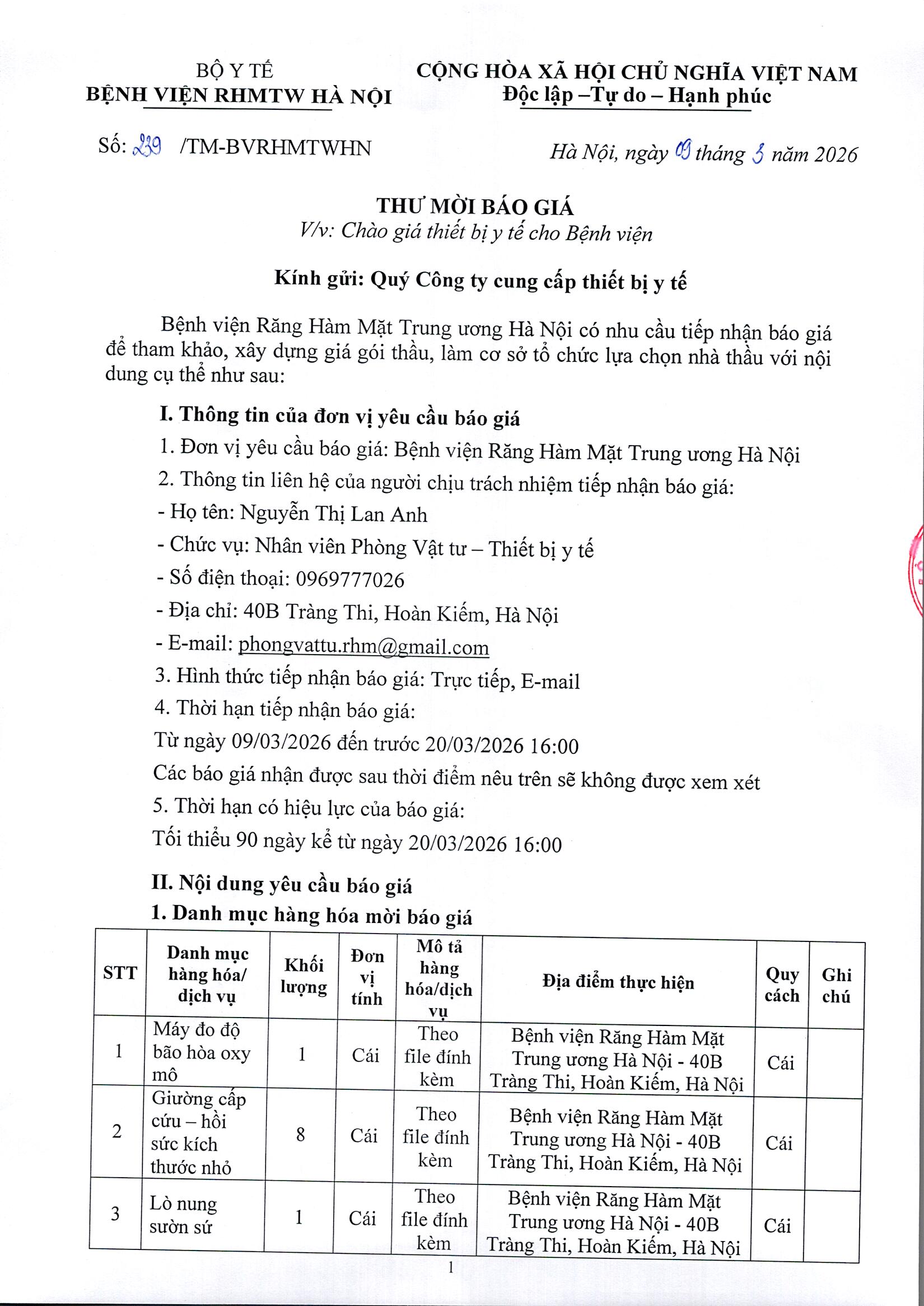THƯ MỜI BÁO GIÁ CHÀO GIÁ THIẾT BỊ Y TẾ CHO BỆNH VIỆN